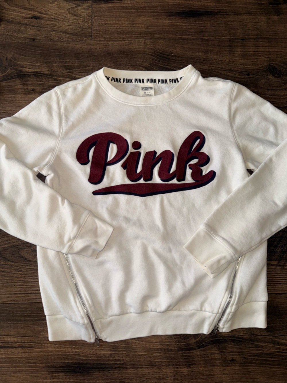 Victoria's Secret PINK White Crewneck Sweatshirt with Red and Navy Logo Trim